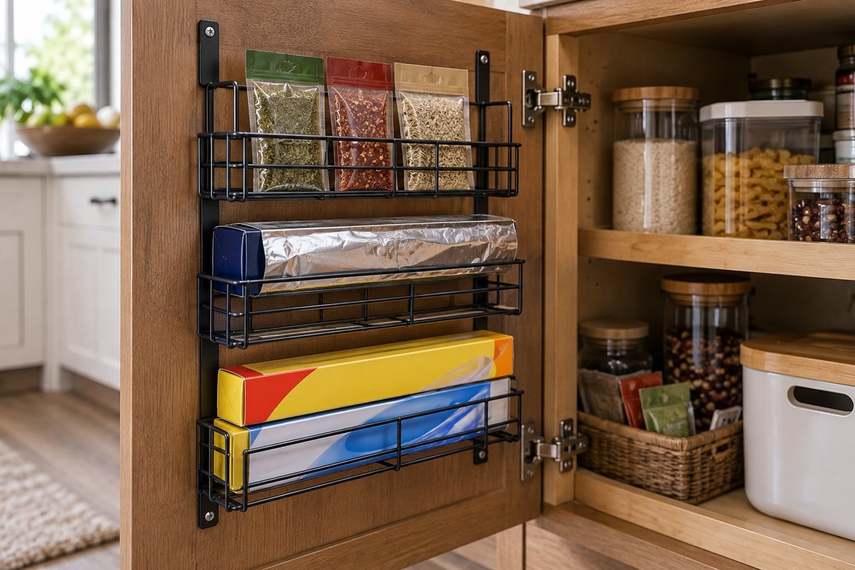 Cabinet pantry ideas: a door-mounted wire rack holding spice packets, foil, and plastic wrap
