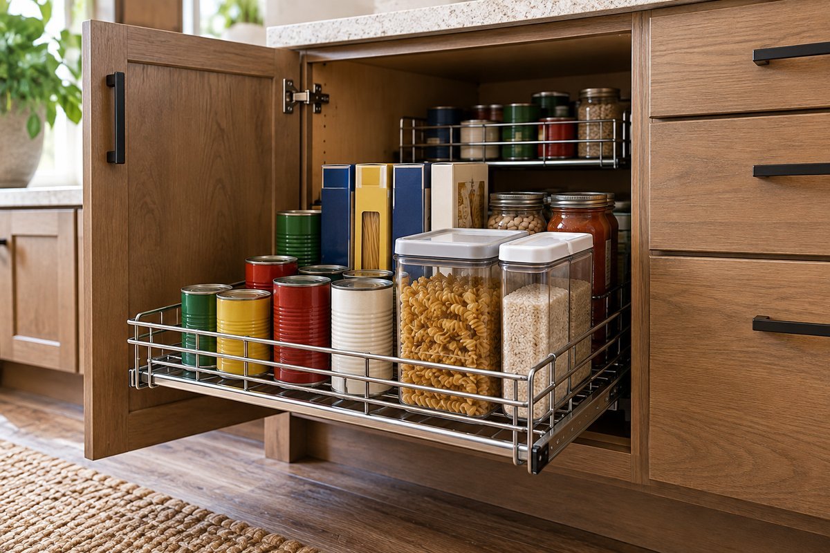Cabinet pantry ideas: a deep kitchen cabinet with a pull-out wire shelf extended, holding canned goods and pasta
