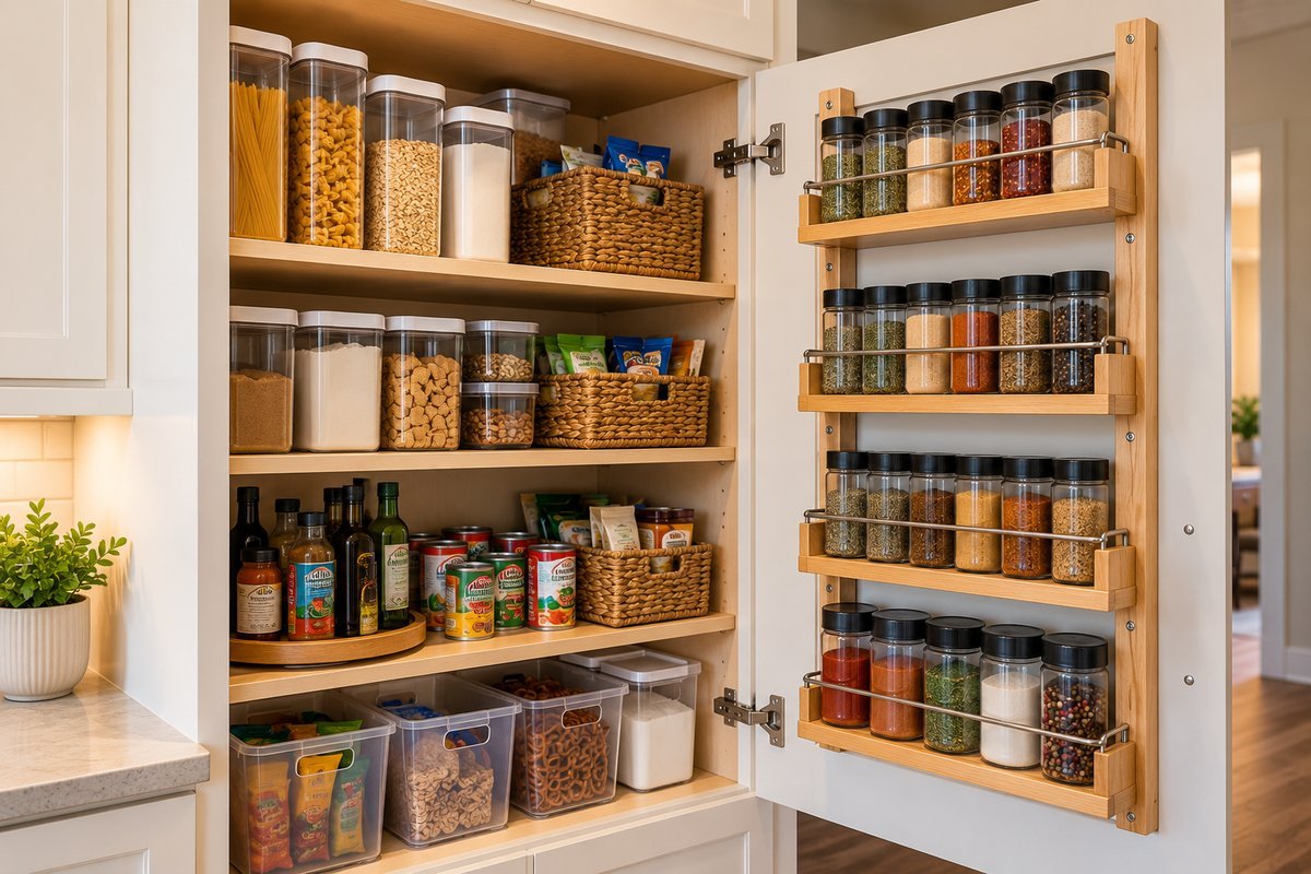 Cabinet pantry door with a mounted spice rack