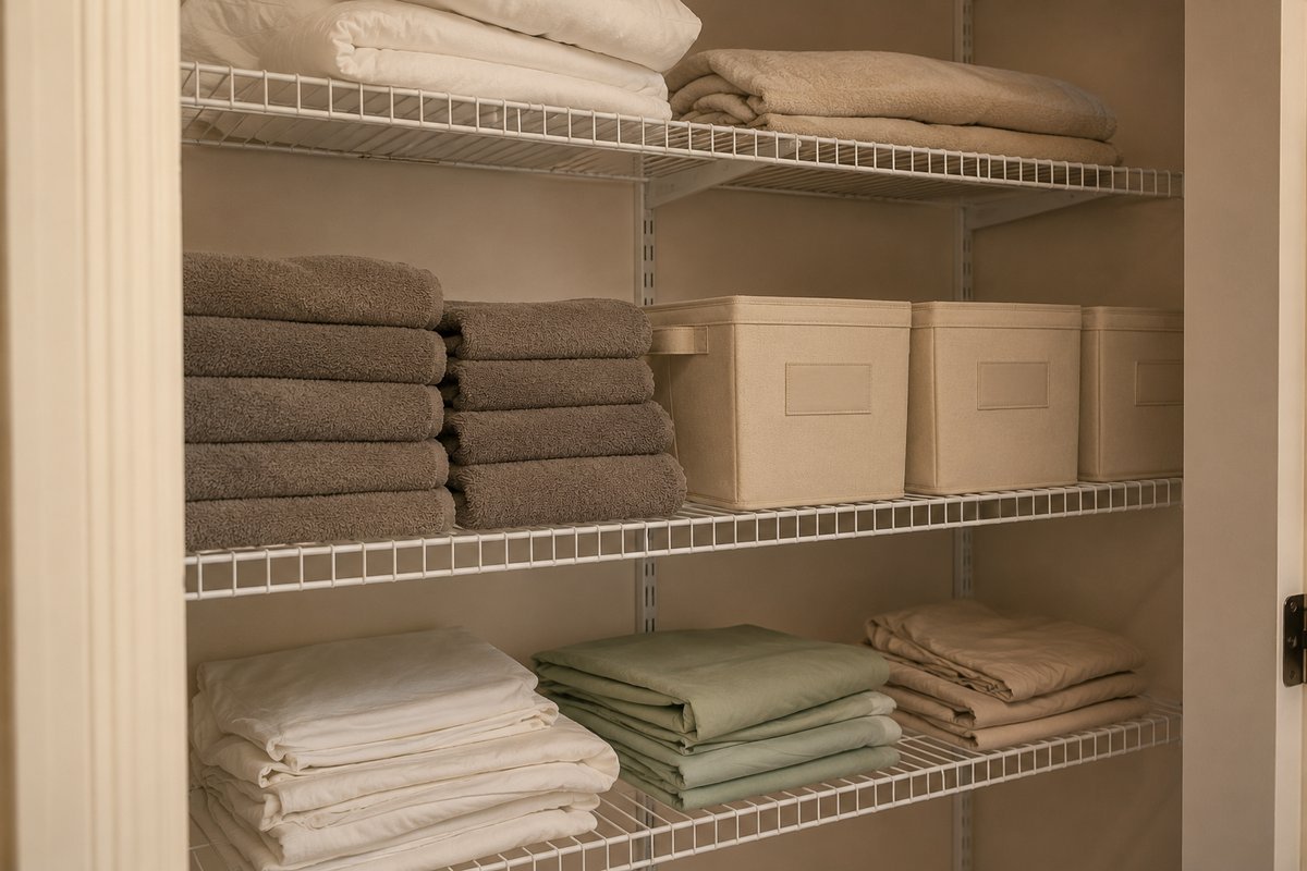 Linen closet shelves with folded towels, folded bedsheets, and canvas storage bins with blank labels