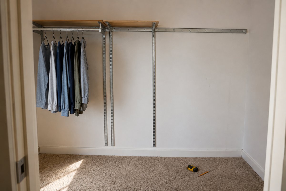 Closet organization ideas: track shelving system partially installed, hangers on one side of the rail and bare wall on the other, stud finder and pencil on the floor
