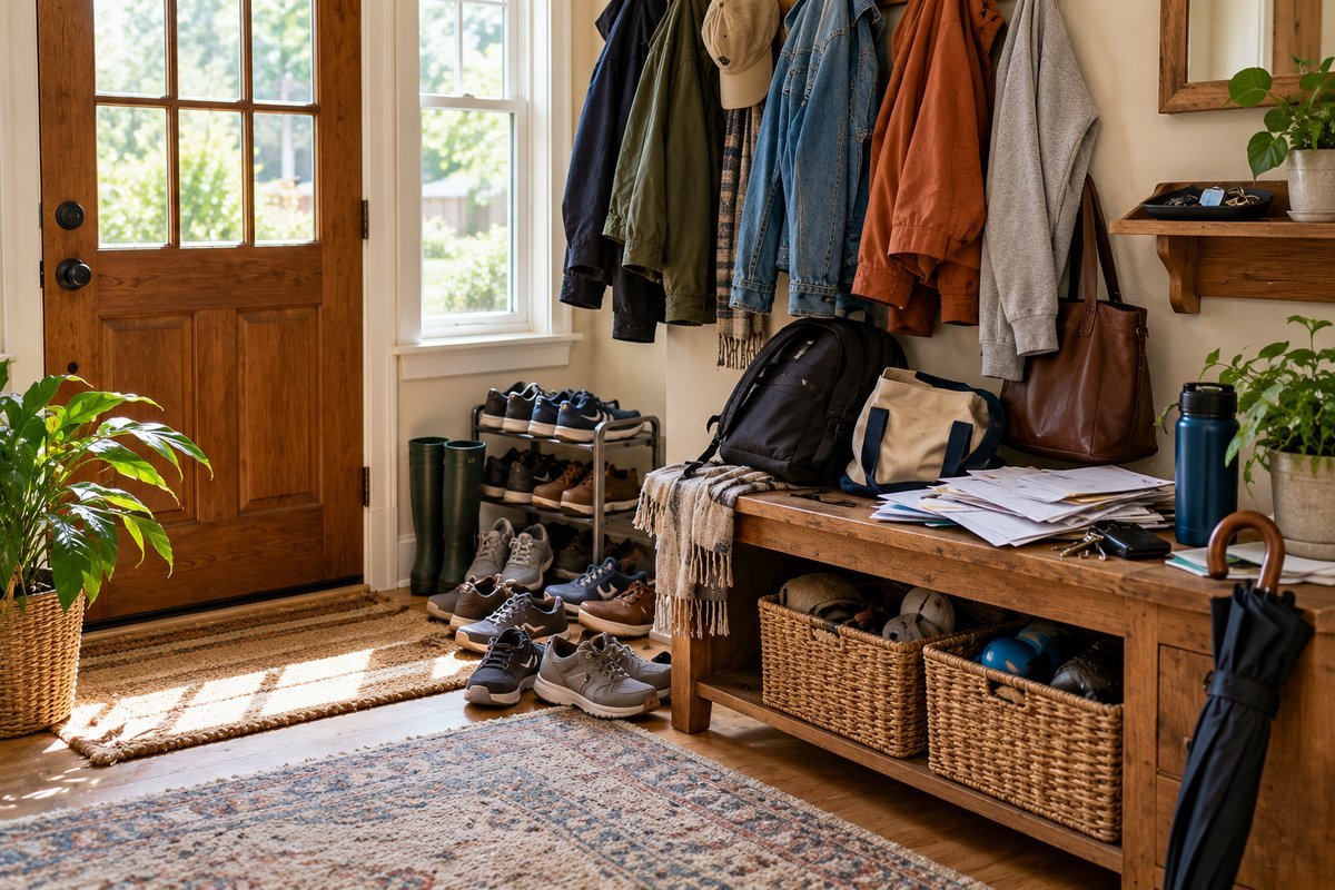 Cluttered entryway with piled shoes, crowded coat hooks and mail on a bench, illustrating everyday clutter statistics