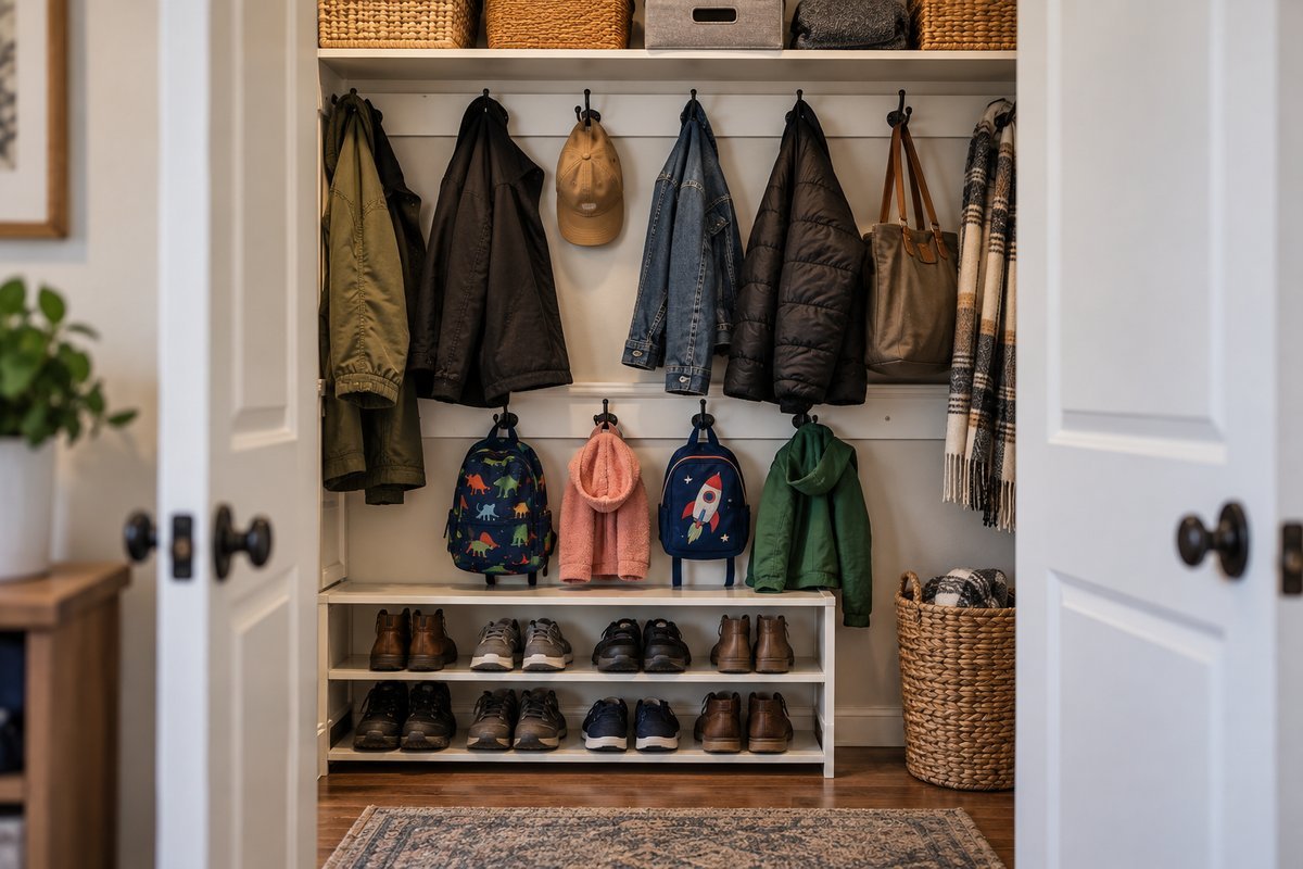Coat closet organization ideas with hooks at two heights and a shoe shelf below