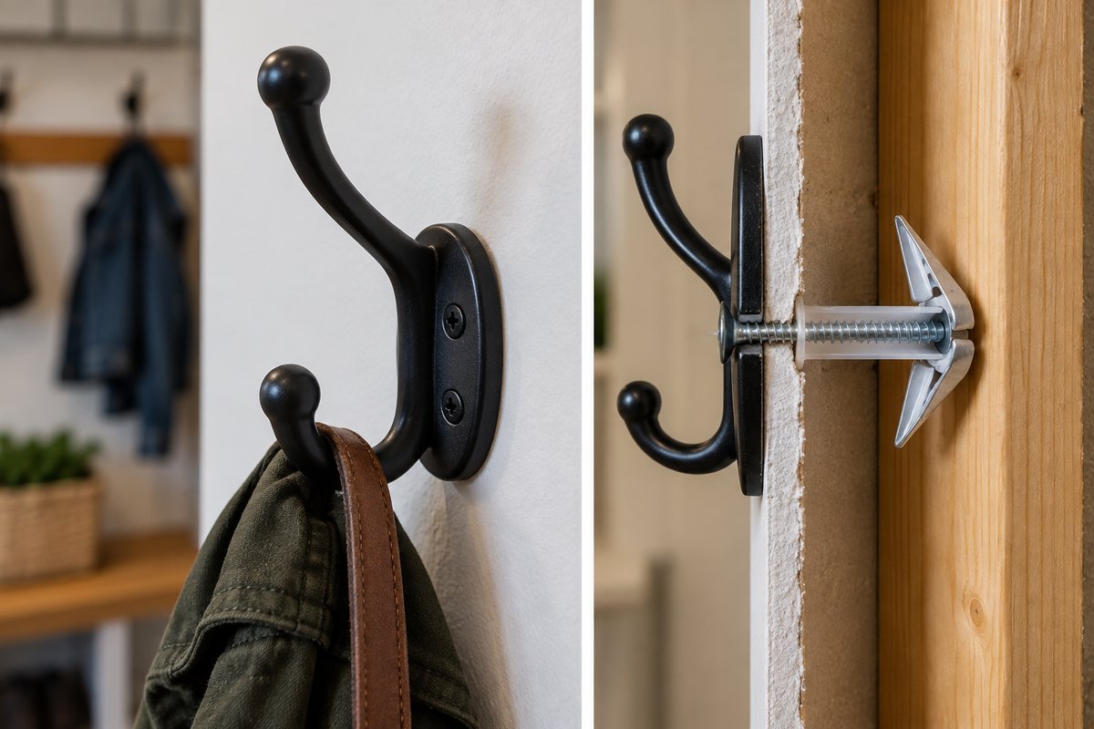 Coat hook mounted with a toggle-style wall anchor, one of the best coat closet organization ideas for heavy coats