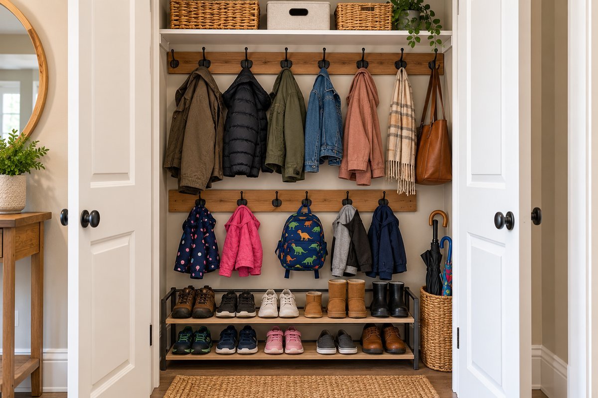 Coat closet with two rows of hooks at different heights for adults and kids