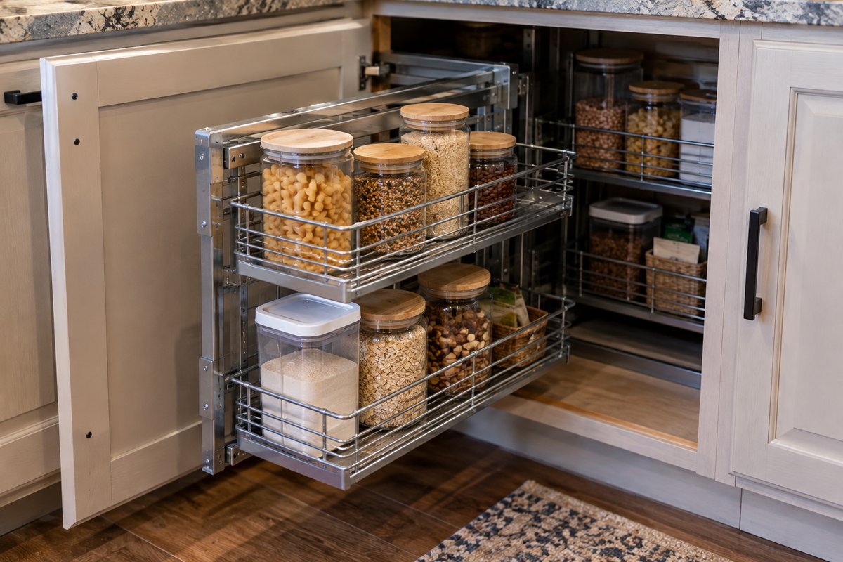 Corner pantry ideas: blind corner pull-out wire basket organizer extended from a cabinet