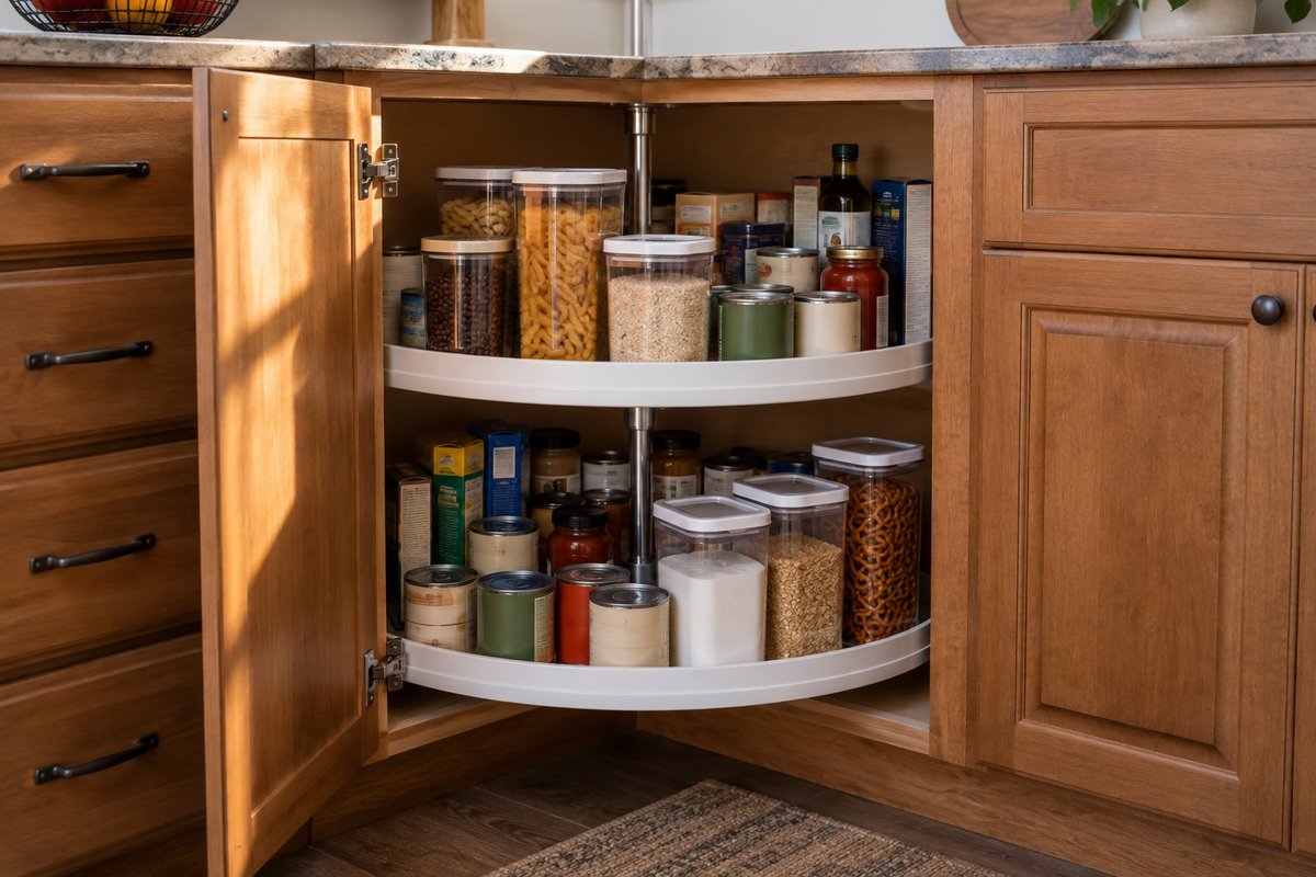 Corner pantry ideas: rotating lazy Susan shelves in a corner cabinet stocked with pantry staples