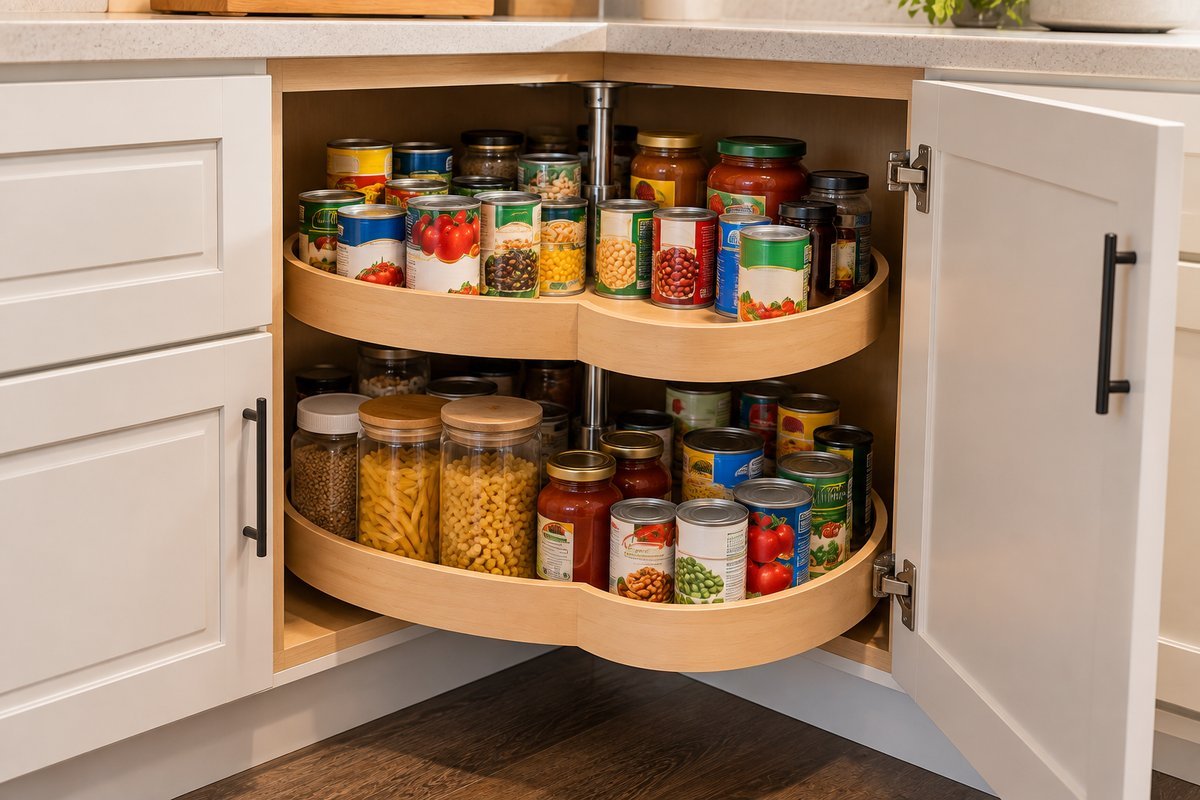 Corner pantry with a lazy Susan for accessing hard-to-reach items