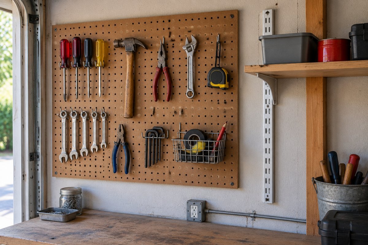 Garage organization ideas on a budget: a basic pegboard panel with hand tools and a small starter section of wall track