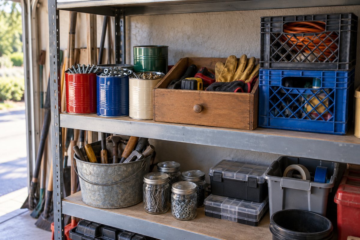 Garage organization ideas on a budget: repurposed coffee cans, an old dresser drawer, and milk crates used as free storage on a garage shelf