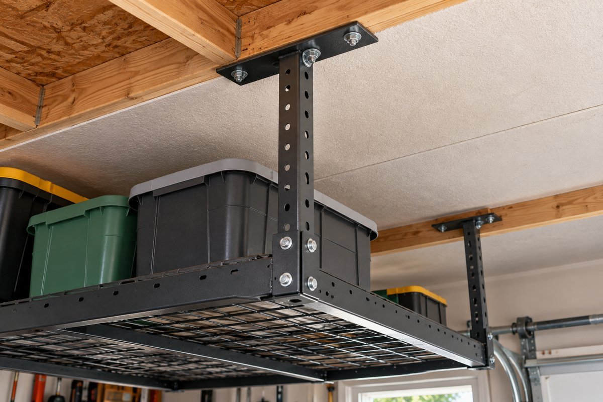 Garage ceiling storage ideas: close-up of overhead rack mounting bracket anchored into a ceiling joist