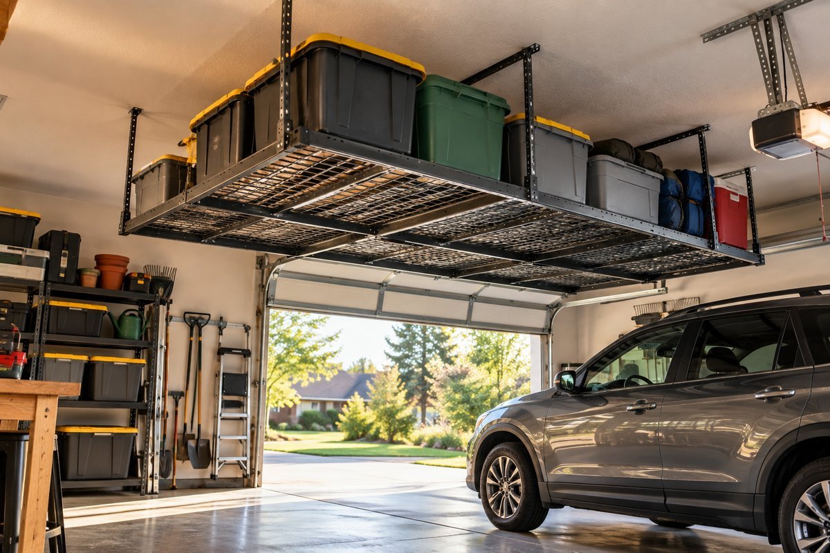 Garage ceiling storage ideas: overhead rack loaded with bins above a parked car and open garage door