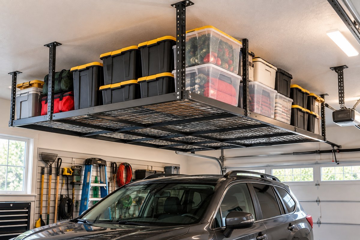 Overhead garage ceiling storage rack for bulky seasonal items