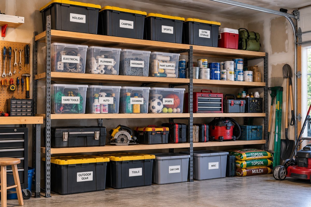 Heavy-duty garage shelving unit with labeled storage bins for holiday, camping, sports, and tool gear