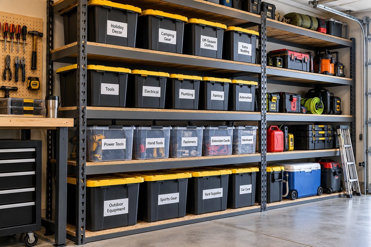 Heavy-duty garage shelving loaded with labeled storage totes