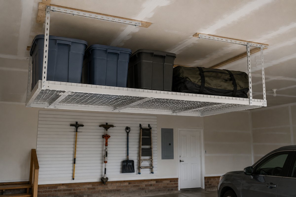 Garage organization ideas: overhead ceiling storage rack holding bins in a two-car garage