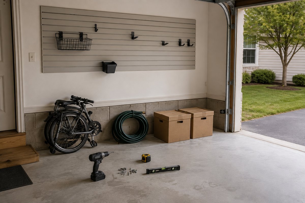 Garage organization ideas: wall track storage mid-install with bike, hose, and boxes on the floor