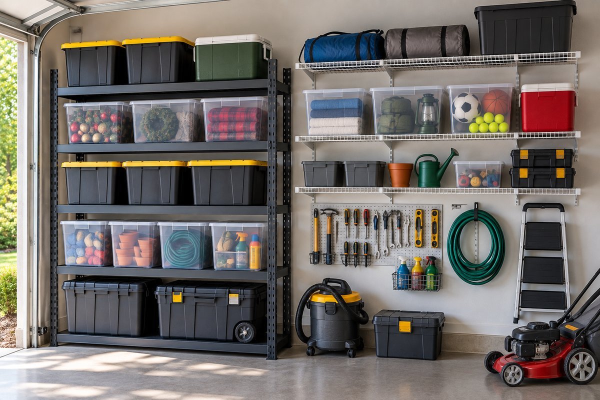 Garage shelving ideas using wall-mounted wire shelving and a heavy-duty steel freestanding unit
