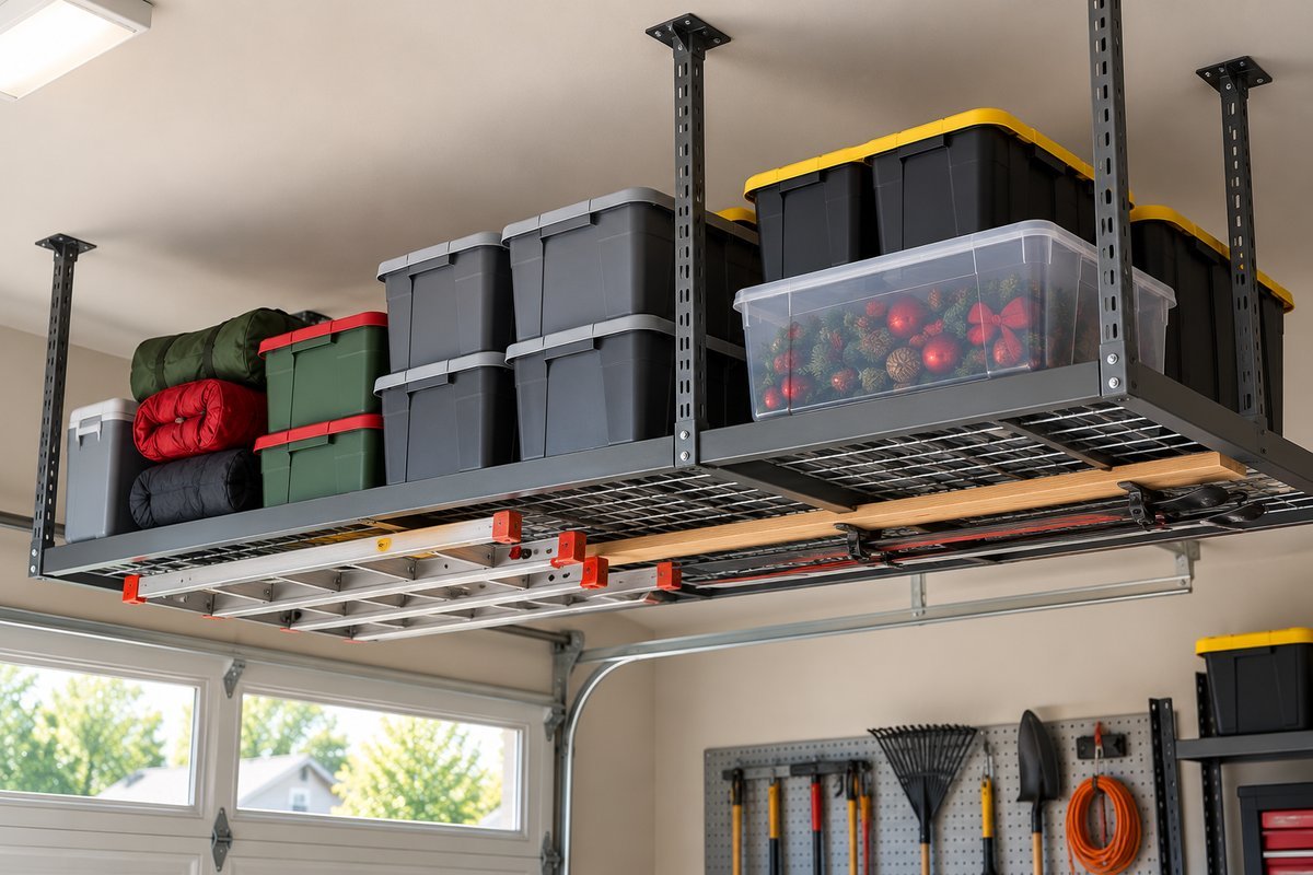 Overhead garage shelving ideas using a ceiling-mounted track storage rack