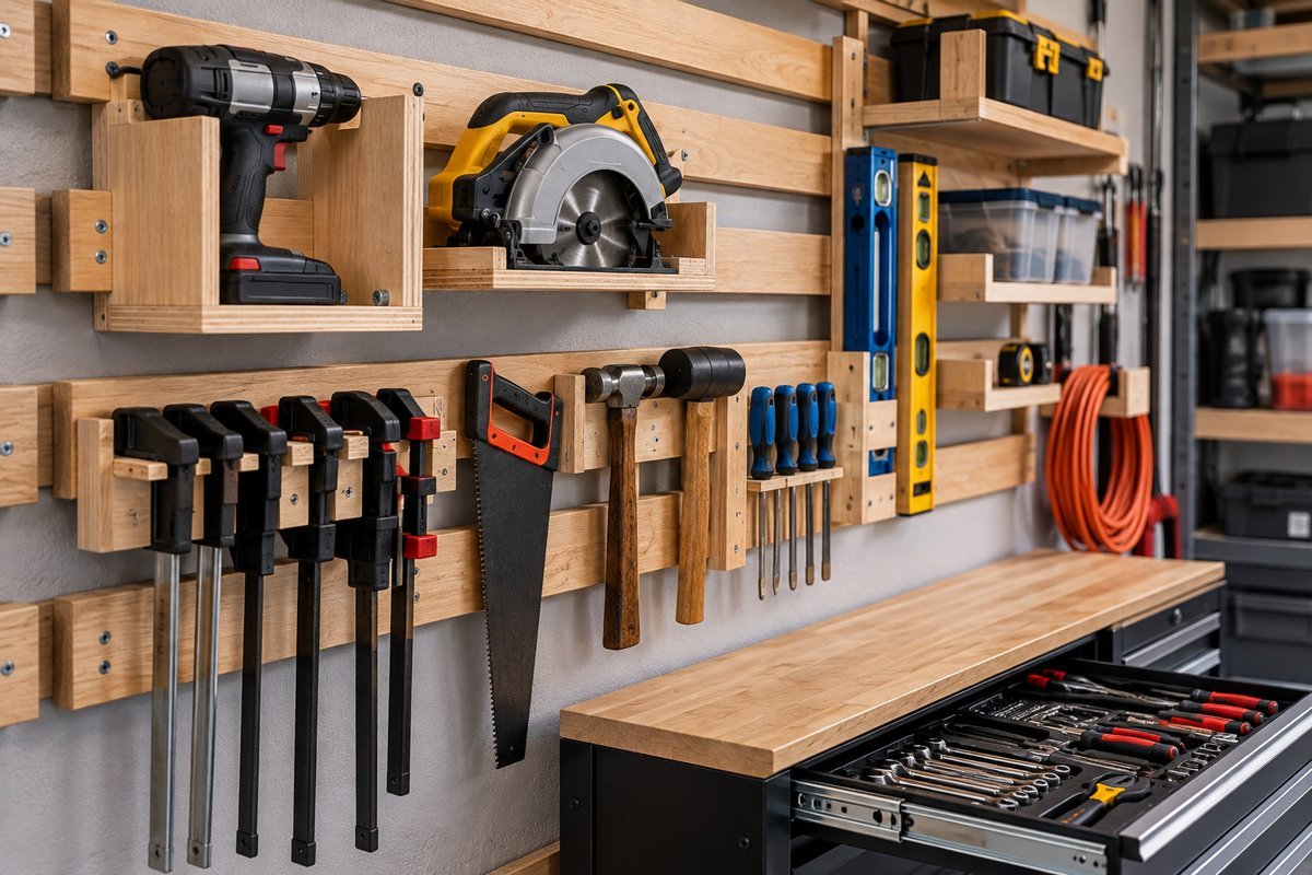 Garage tool organization ideas using a French cleat wall system to hold power tools