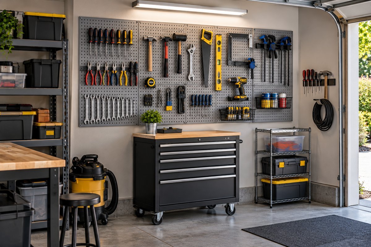 Garage tool organization ideas featuring a pegboard wall with hand tools and a rolling tool chest