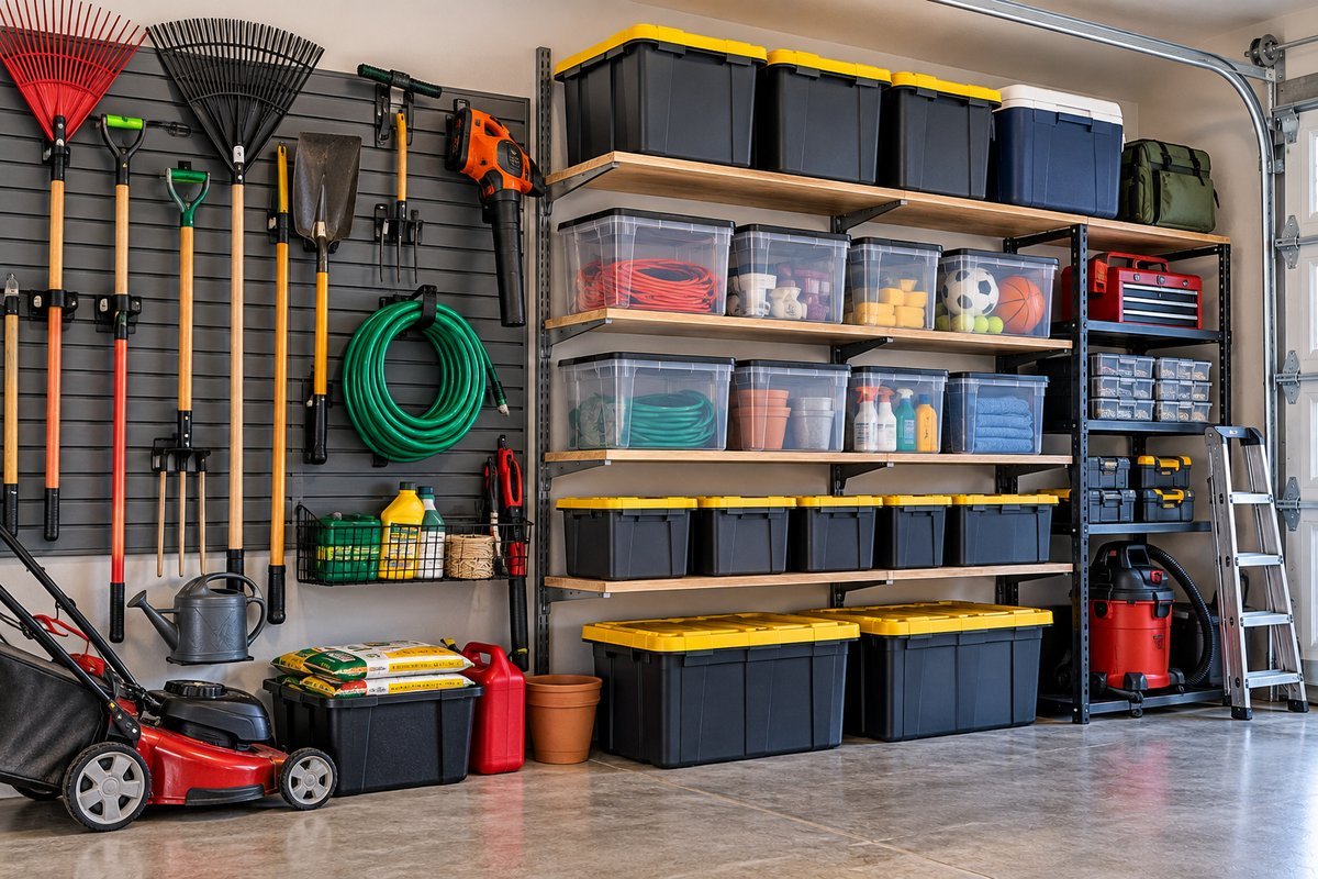 Garage tool wall with hanging totes for small parts and hardware