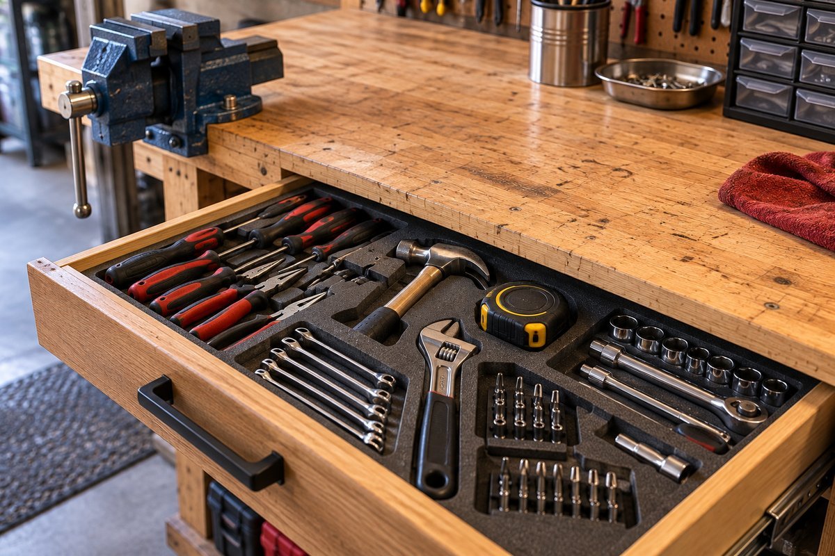 Garage workbench ideas: a drawer with foam-lined tool storage built into the workbench