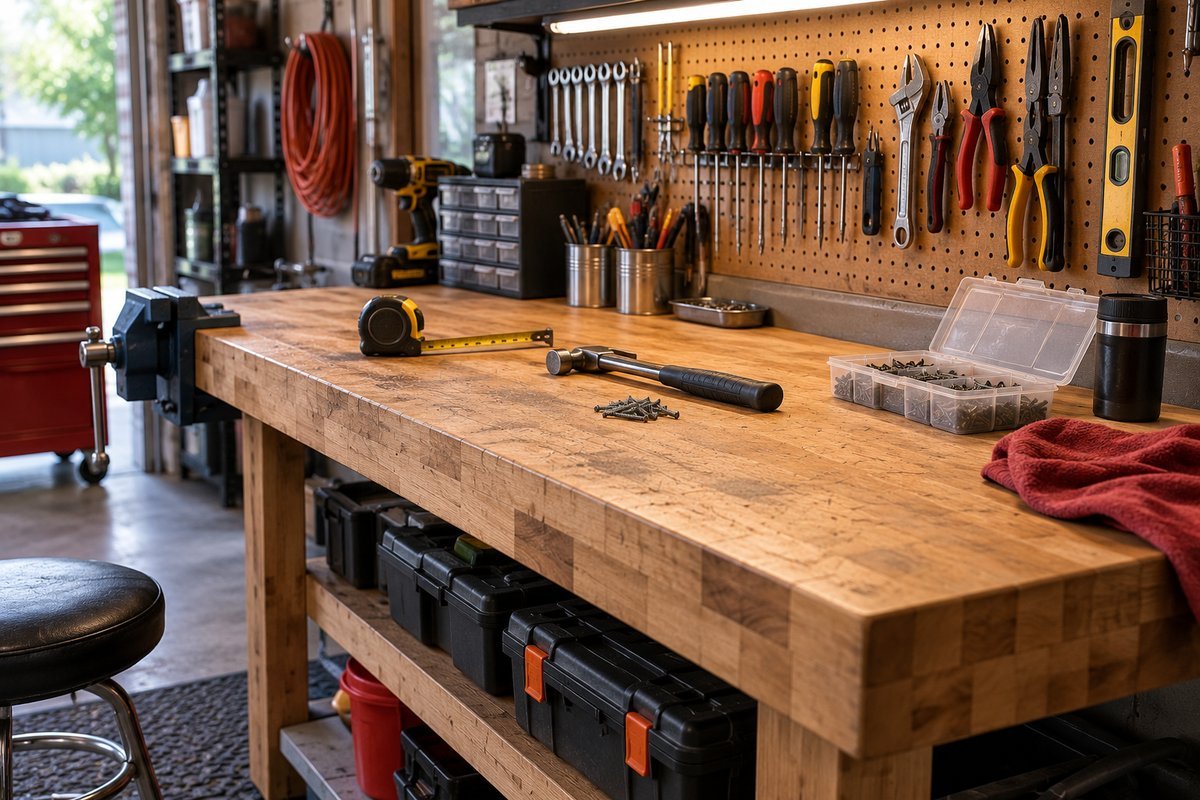 Garage workbench ideas: a wall-mounted workbench with pegboard tool storage above it
