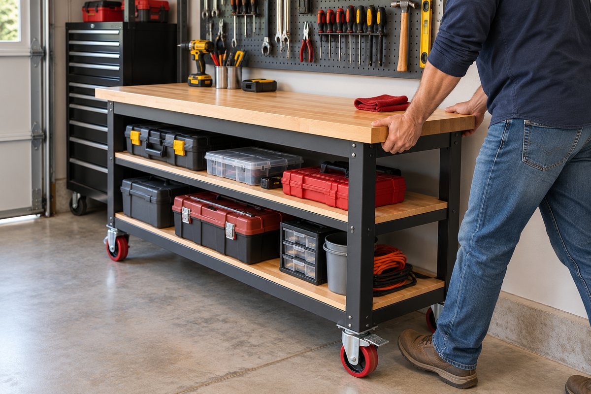 Mobile garage workbench on locking casters for a small garage