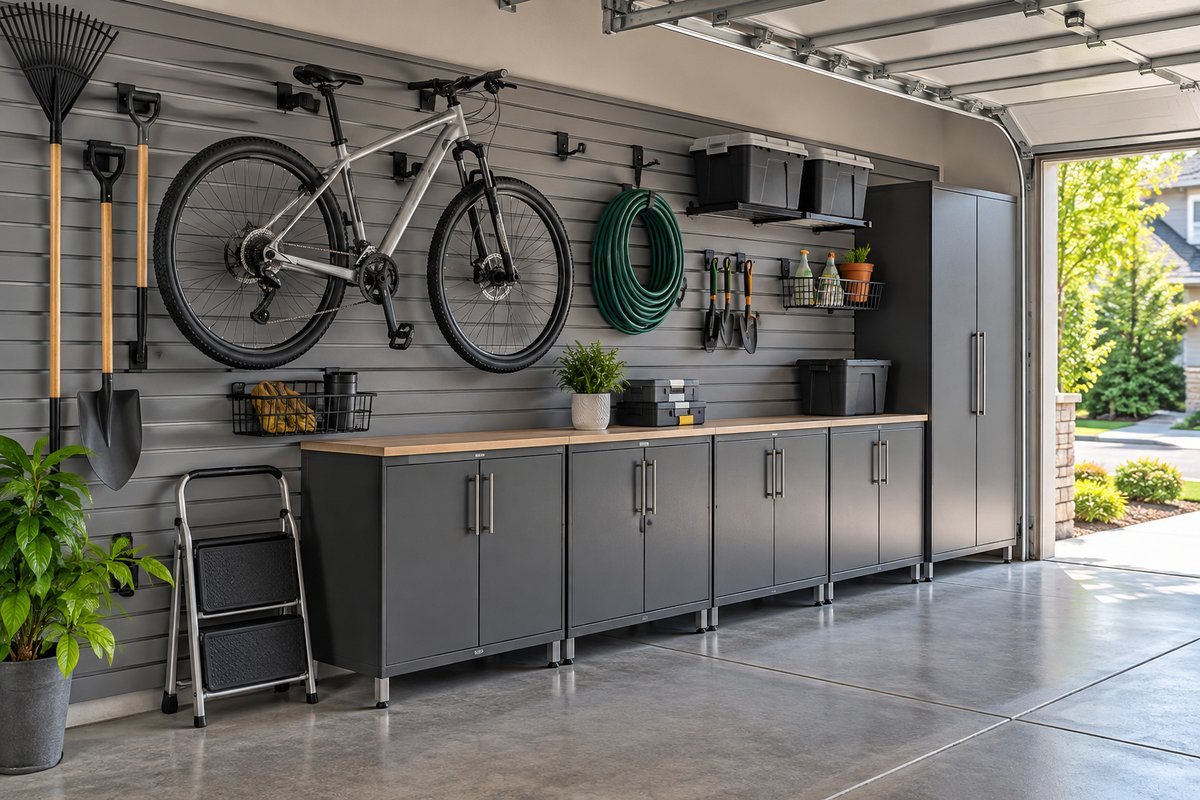 Garage storage systems compared: wall panel system with hooks, bike, hose, and gray steel base cabinets in an organized garage