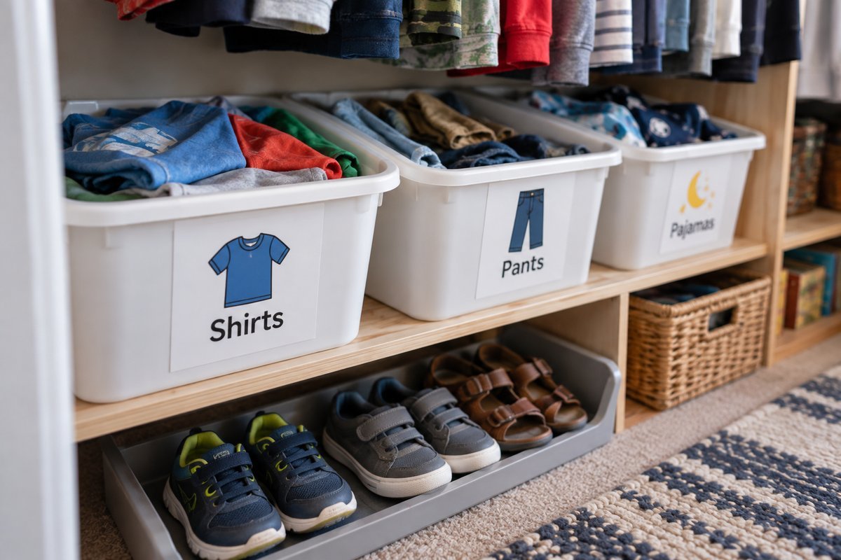 Kids closet organization ideas: labeled bins and a low shoe rack at kid height