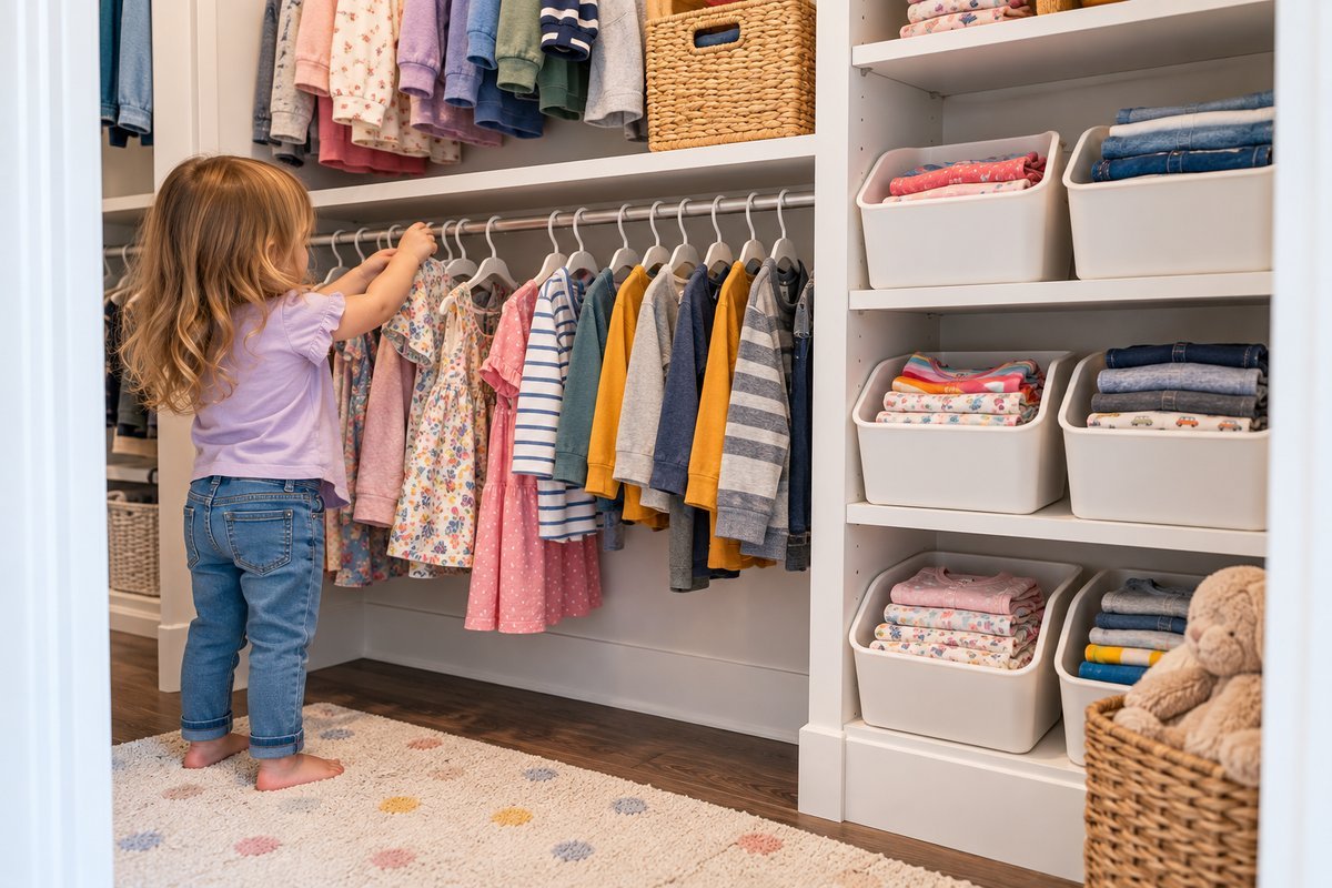 Kids closet with a low hanging rod within a child's reach
