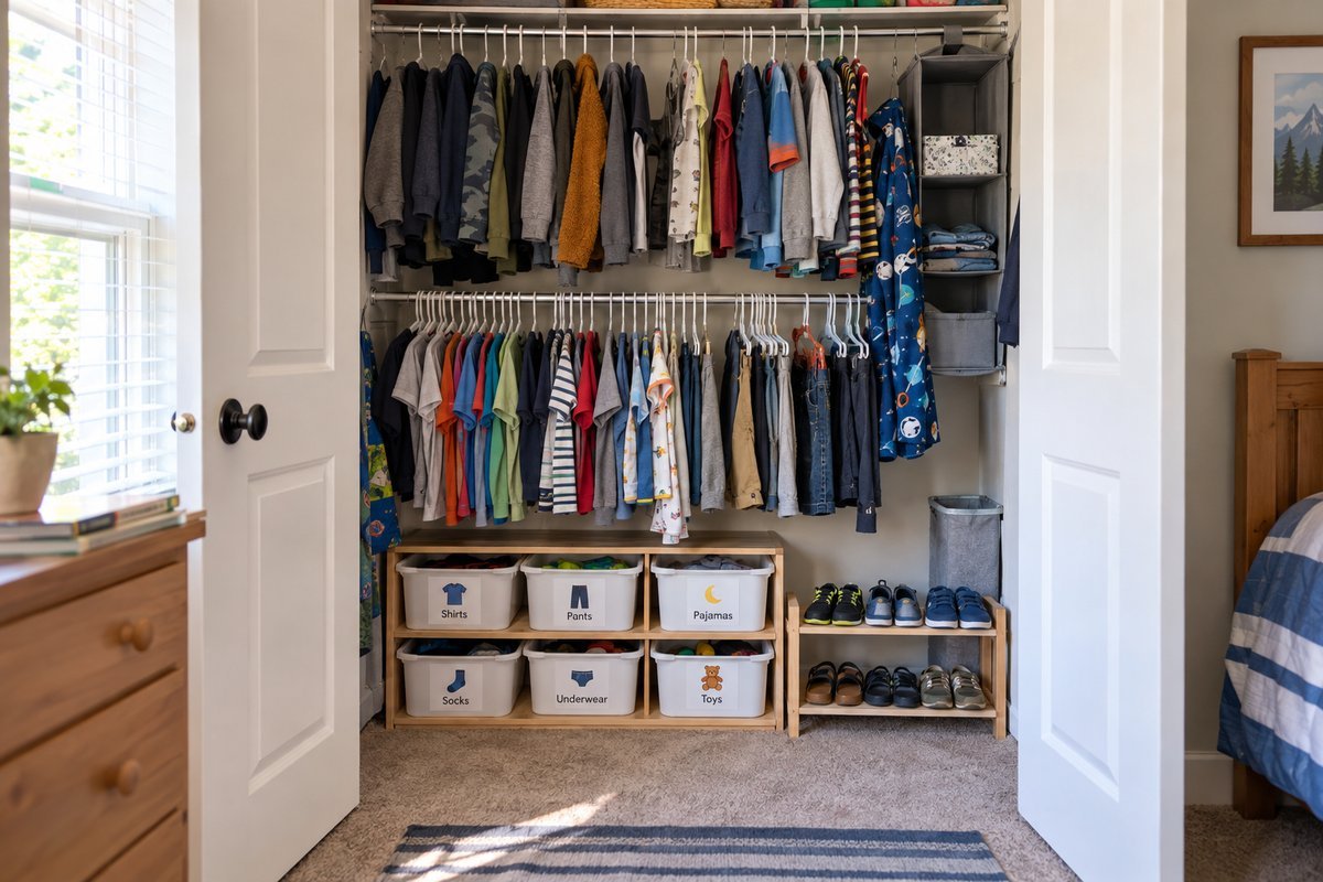 Kids closet organization ideas: adjustable double-hang rods, labeled bins, and low shelving