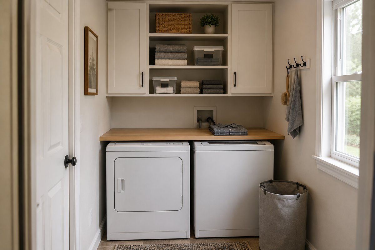 Laundry room storage ideas: shelf and cabinet combination above a side-by-side washer and dryer