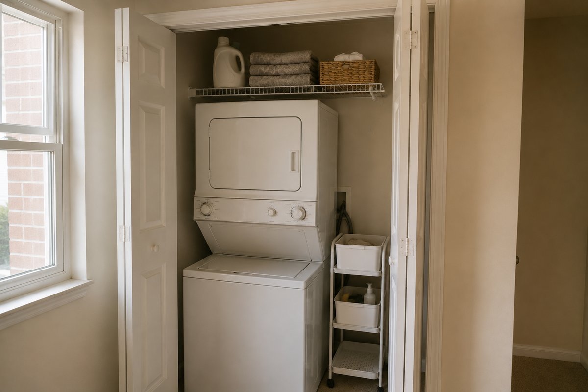 Laundry room storage ideas: stacked washer and dryer closet with a wire shelf and rolling cart