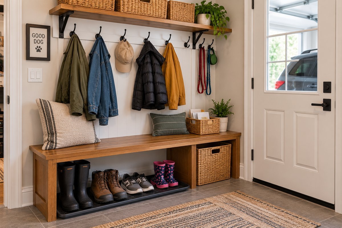 Mudroom bench with coat hooks above and a boot tray underneath