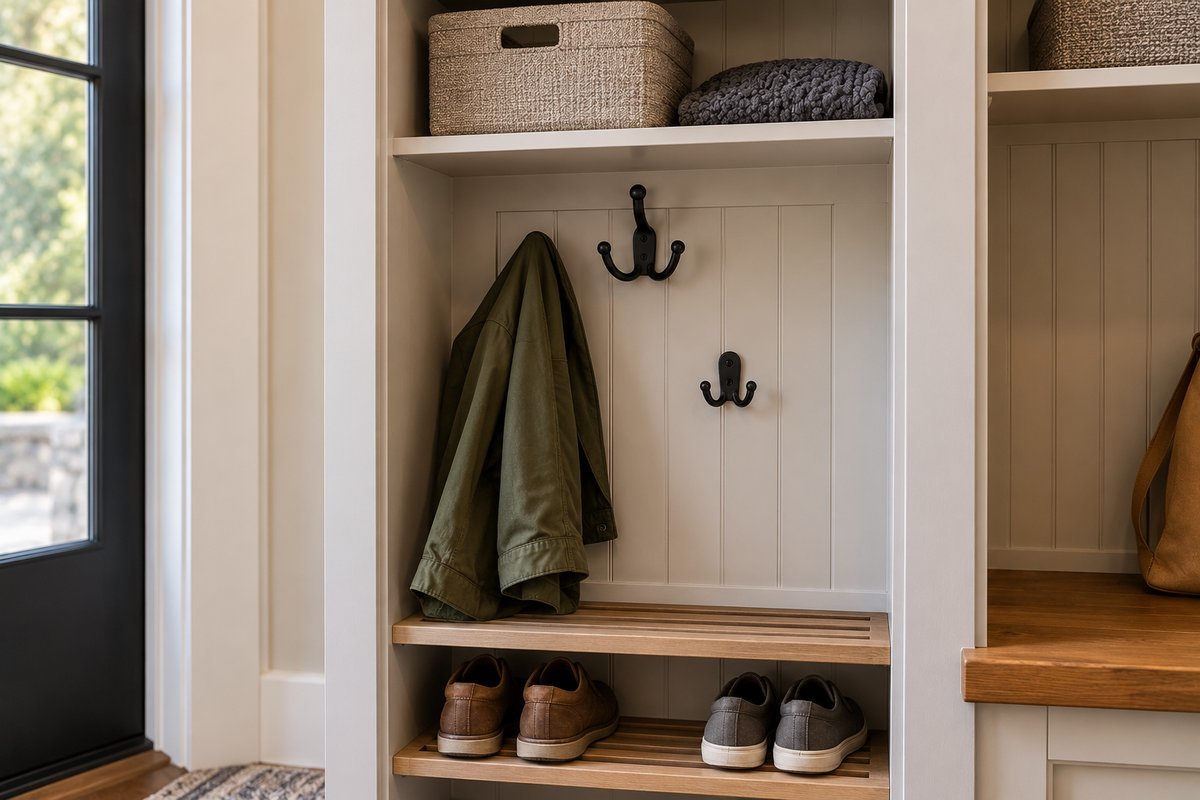 Close-up of a single mudroom locker bay with hooks, an open cubby, and a shoe shelf