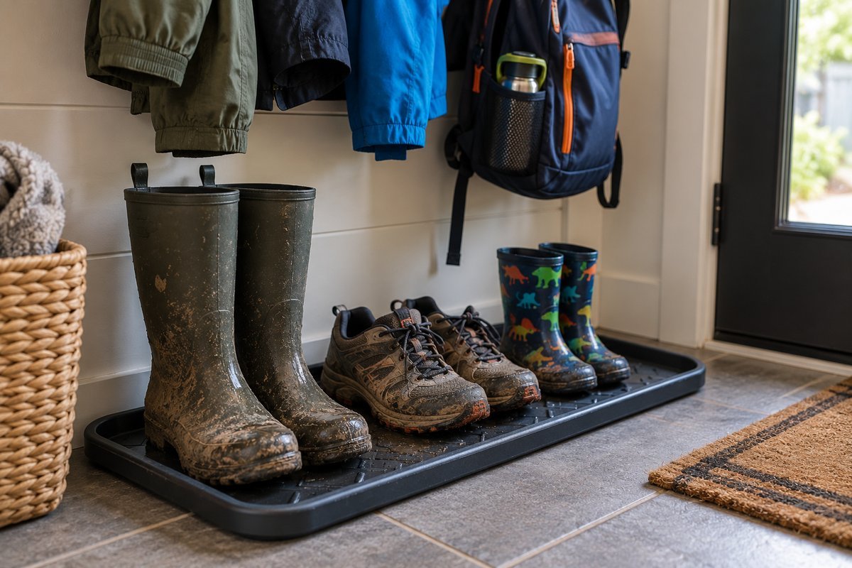 Mudroom storage ideas boot tray holding muddy boots and shoes by the door