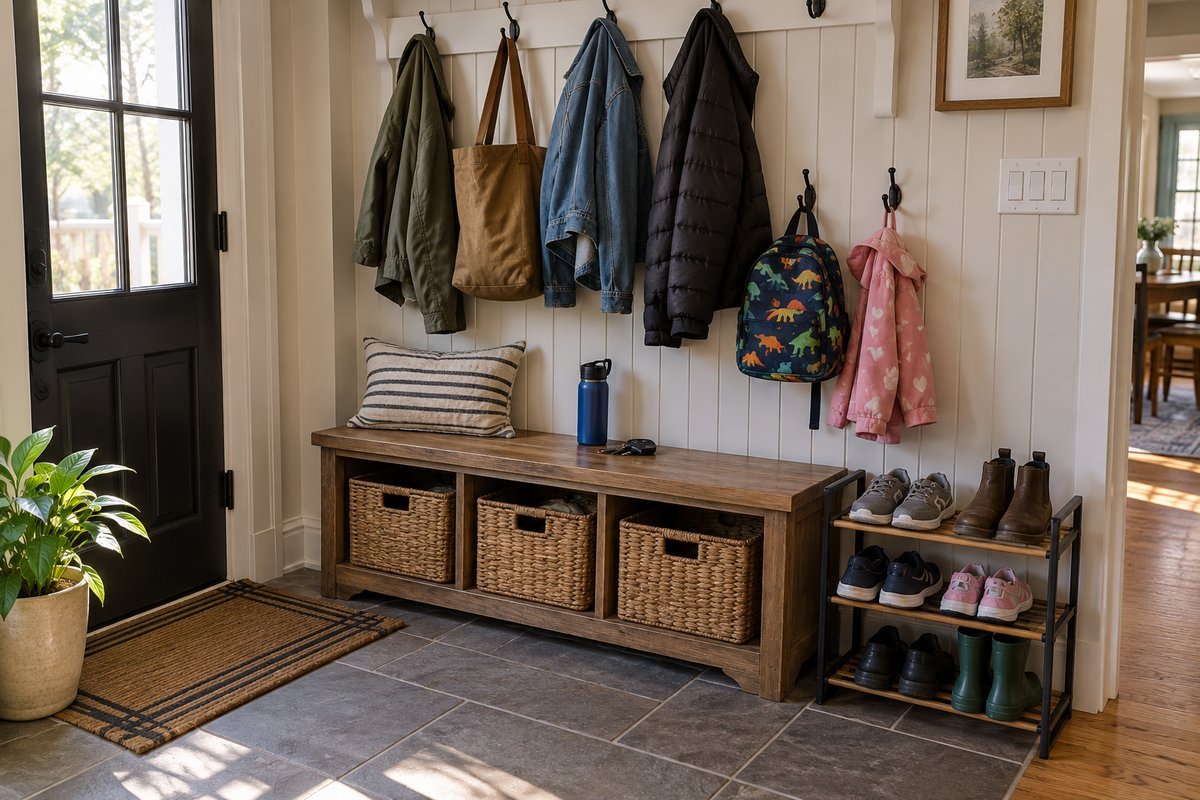 Mudroom storage ideas bench with hooks at two heights, baskets, and a shoe rack