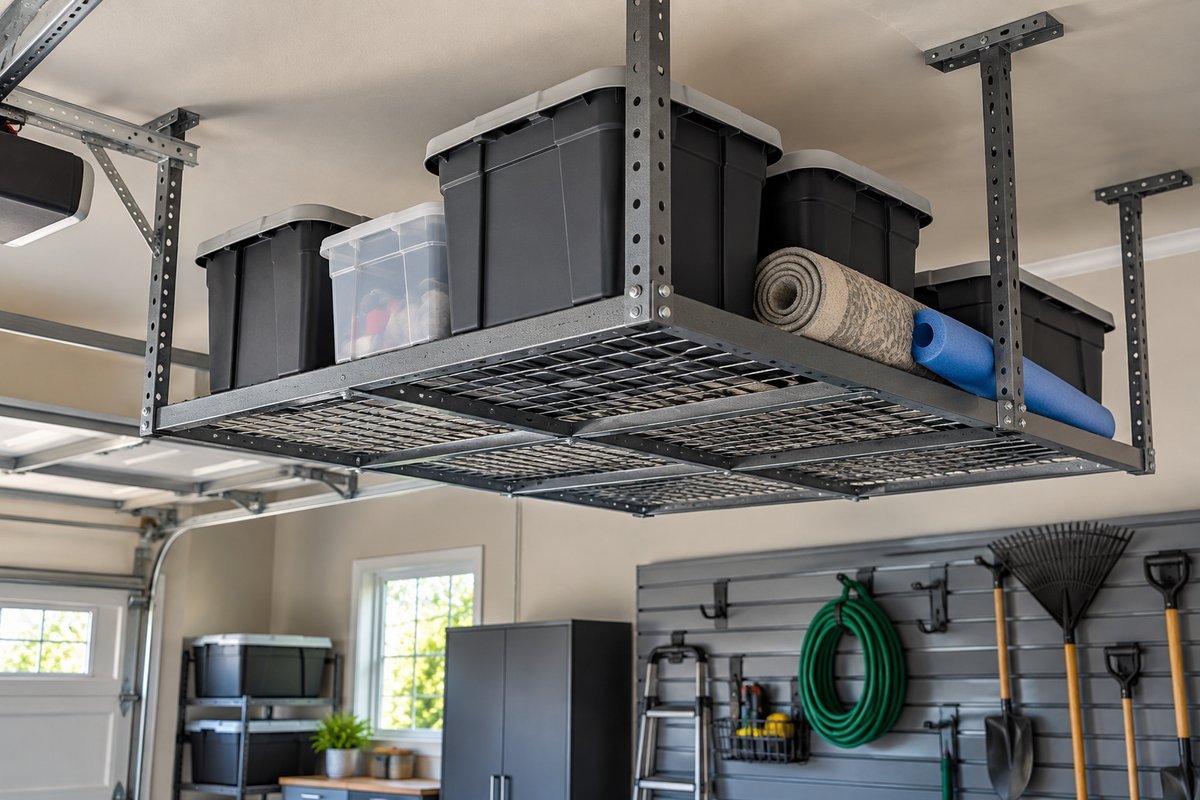 Overhead garage ceiling storage rack holding stacked totes, a rolled rug, and a pool noodle