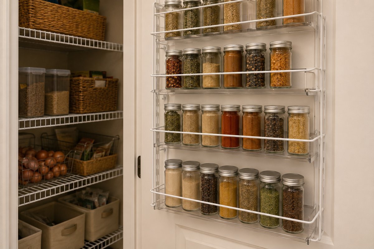 Door-mounted wire spice rack fully stocked with labeled jars, one of the space-saving pantry organization ideas for small pantries