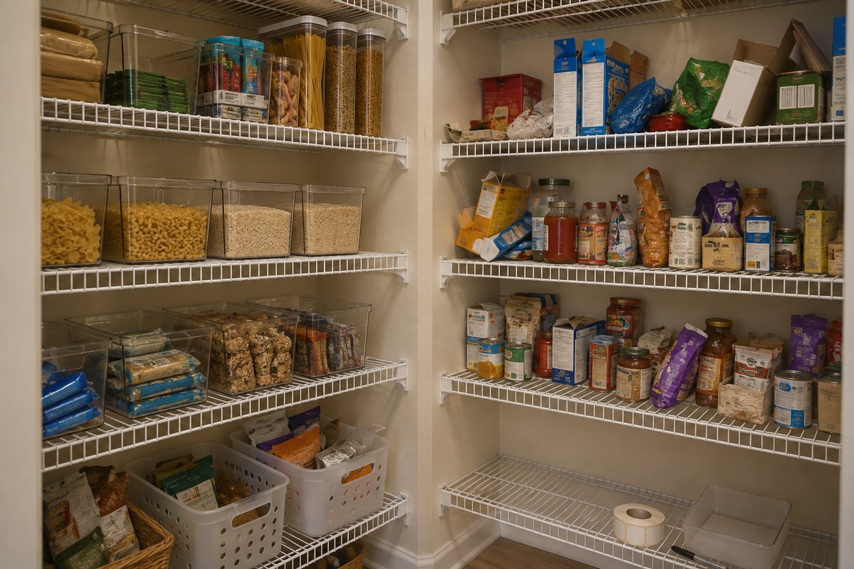 Pantry organization ideas in progress, with one side sorted into labeled zones and clear bins and the other side still an unsorted jumble of boxes and cans, a roll of shelf labels and a marker nearby