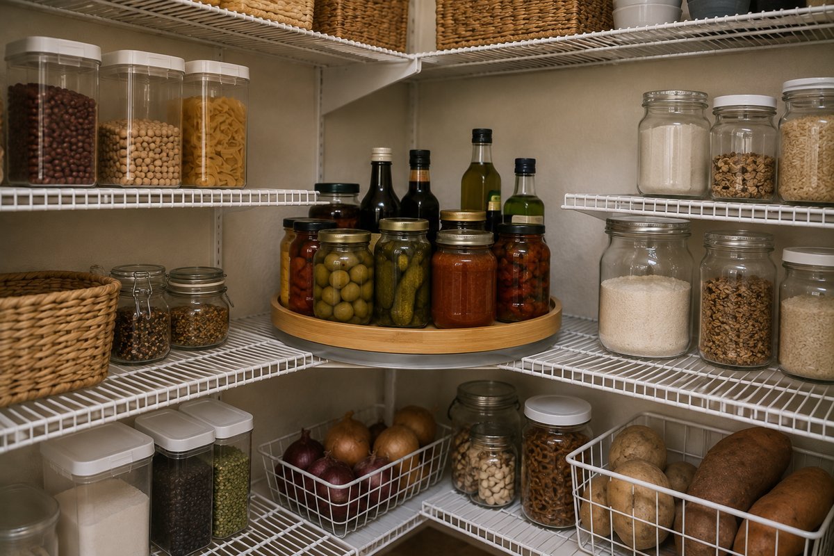 Pantry shelving ideas for a corner: a lazy susan reclaiming the dead corner zone