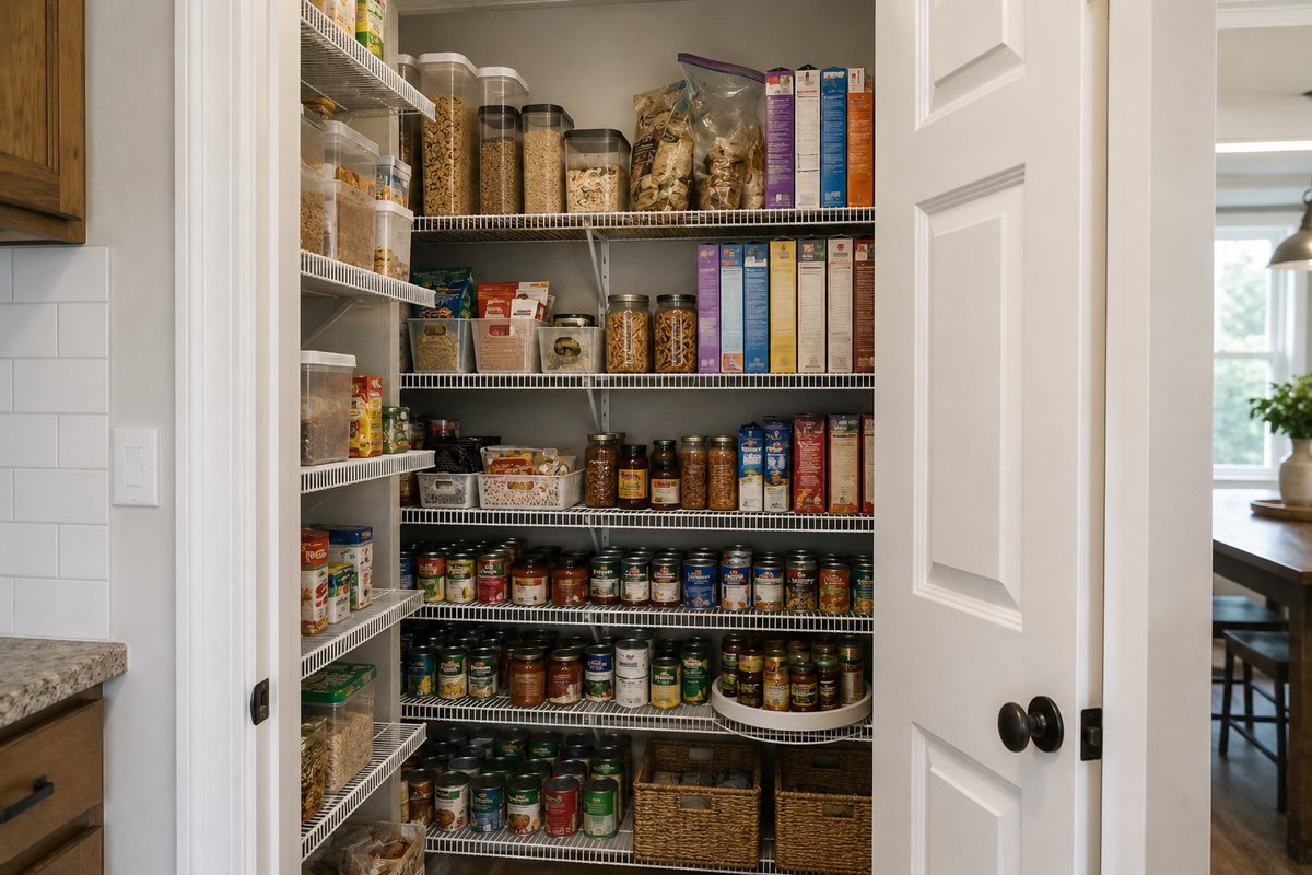 Pantry shelving ideas: adjustable wire shelving spaced tighter at the bottom and looser at the top