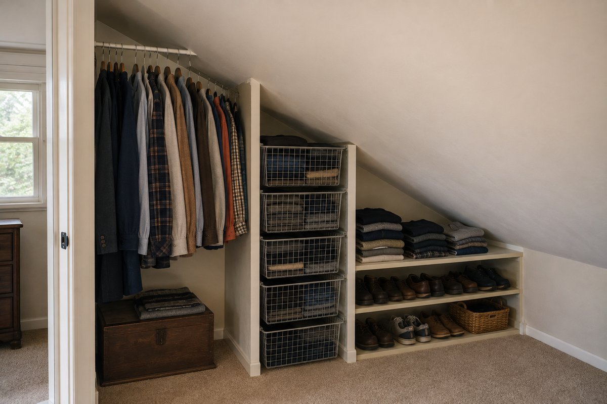 Small closet organization ideas for a sloped ceiling closet with scaled-down low-side storage