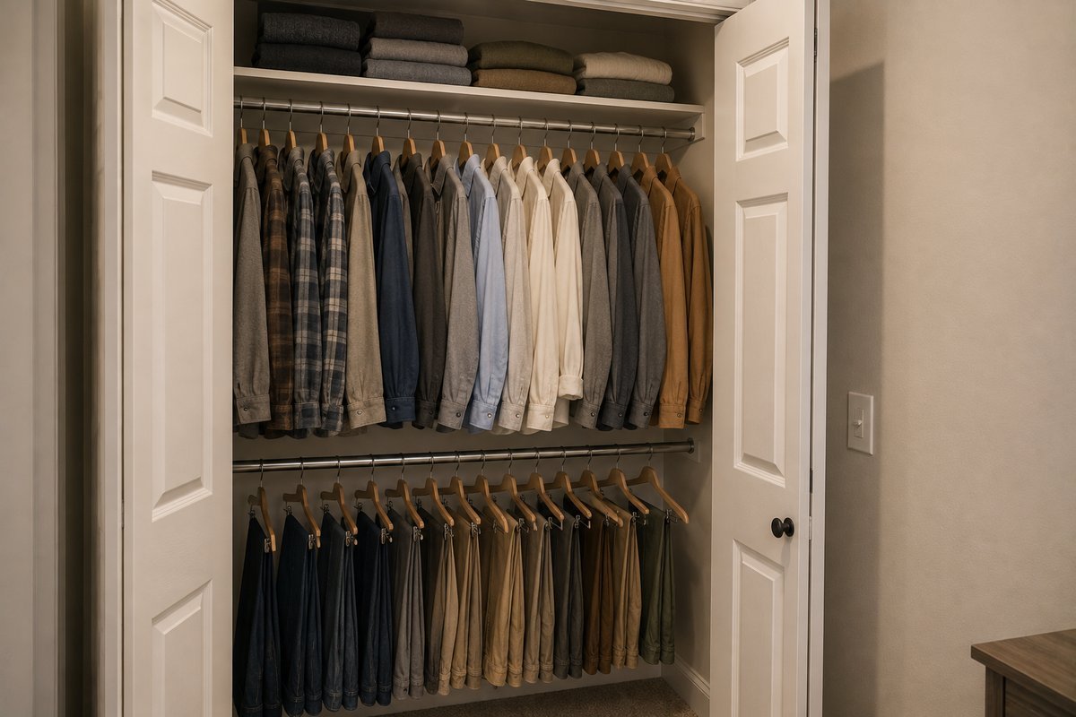 Small closet organization ideas: double-hang rod system in a narrow reach-in closet