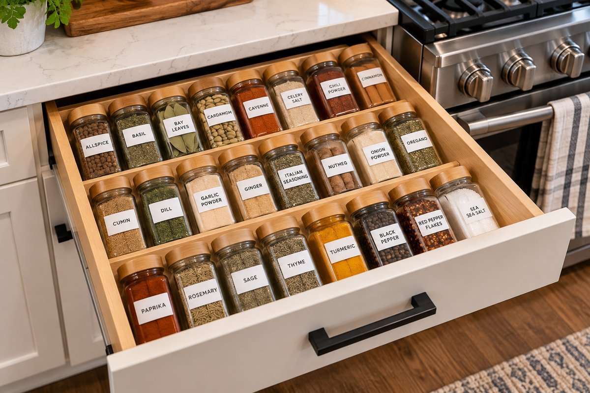 Kitchen drawer organized with flat spice jars labeled and laid out in rows