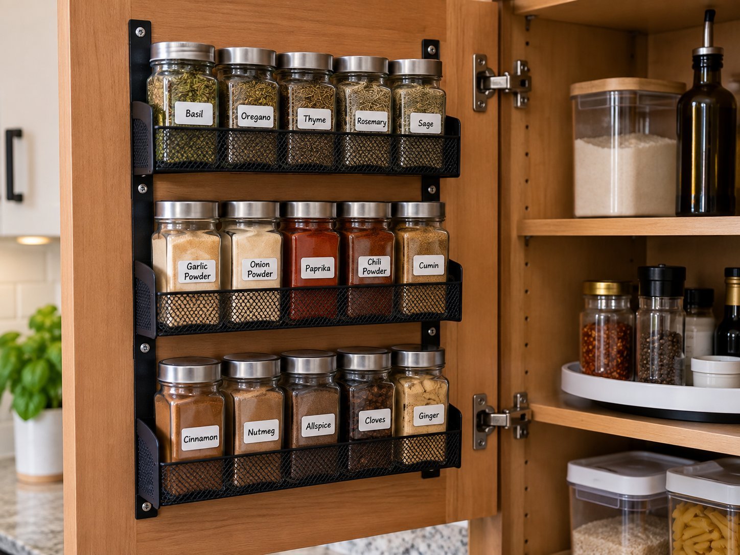 Close-up detail of labeled spice jars organized by type