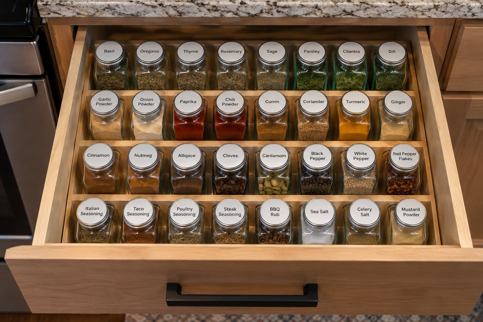 Organized spice drawer with labeled jars arranged for easy access
