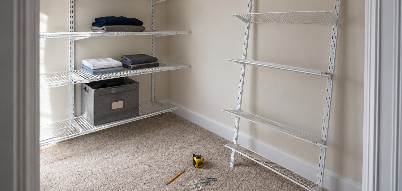 Closet shelving mid-installation, one wall finished and holding folded towels, a second unmounted shelving unit leaning against the adjacent wall, with a tape measure, pencil, and loose screws on the carpet